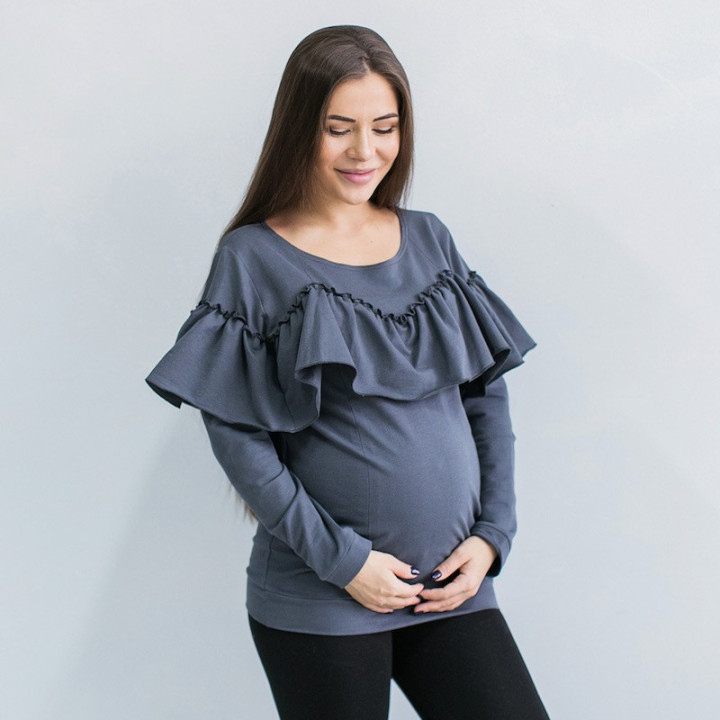 sweatshirt de grossesse et d'allaitement à volants gris foncé Love and Carry